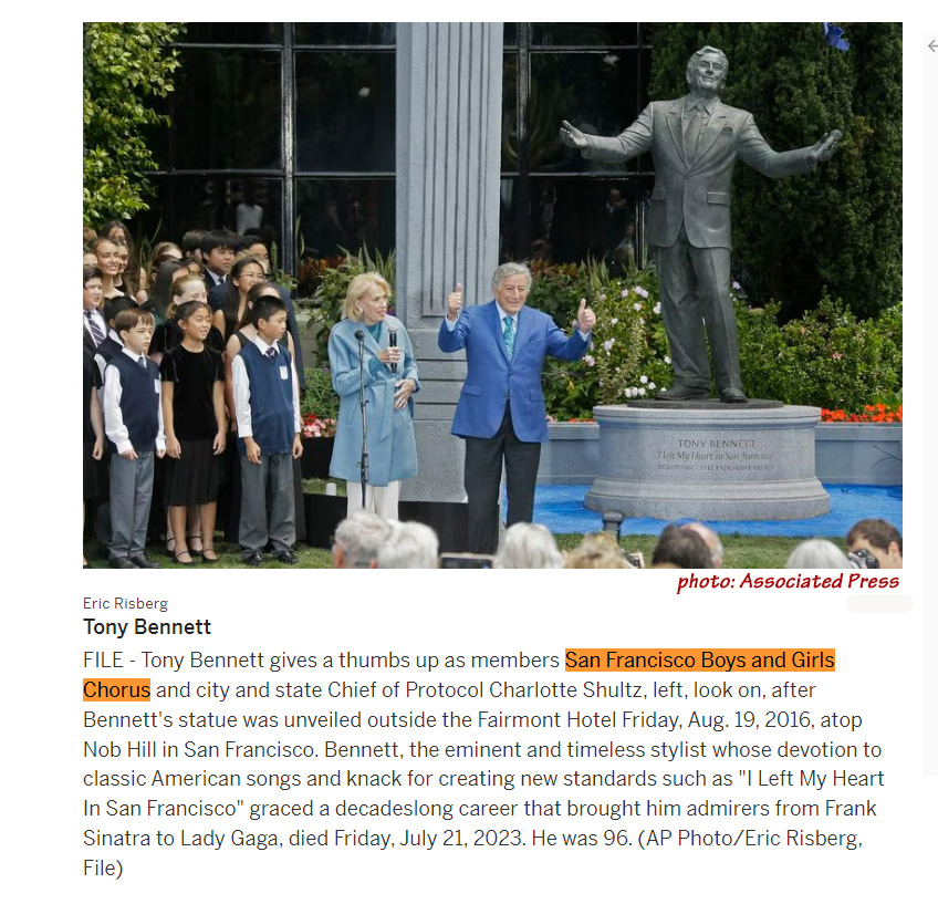 Tony Bennett gives a thumbs up as members San Francisco Boys and Girls Chorus and city and state Chief of Protocol Charlotte Shultz, left, look on, after Bennett's statue was unveiled outside the Fairmont Hotel Friday, Aug. 19, 2016, atop Nob Hill in San Francisco. Bennett, the eminent and timeless stylist whose devotion to classic American songs and knack for creating new standards such as "I Left My Heart In San Francisco" graced a decadeslong career that brought him admirers from Frank Sinatra to Lady Gaga, died Friday, July 21, 2023. He was 96. (AP Photo/Eric Risberg, File)